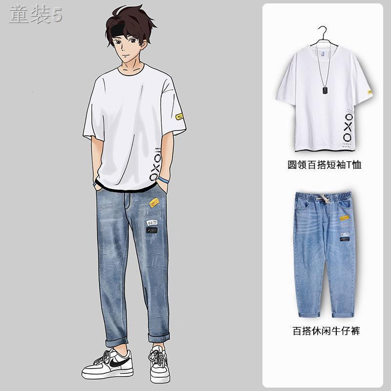 ₪ஐ❈Ice silk quần jean nam ngắn tay với một bộ áo mùa hè mới 2021 đơn giản và đa năng