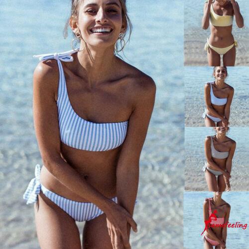 Bộ bikini lệch vai họa tiết kẻ sọc trẻ trung cho nữ | BigBuy360 - bigbuy360.vn