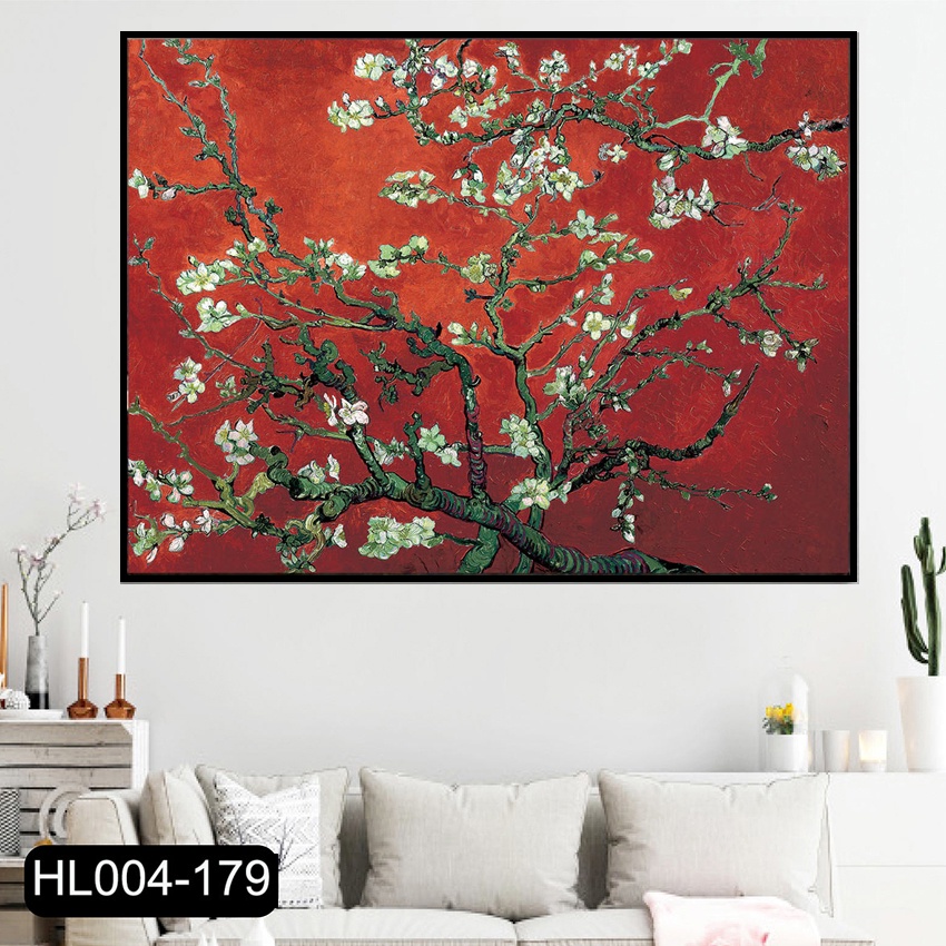 TRANH TẾT - Tranh canvas treo tường hoa mai trắng nền đỏ cổ điển sang trọng - 70 x 52 cm