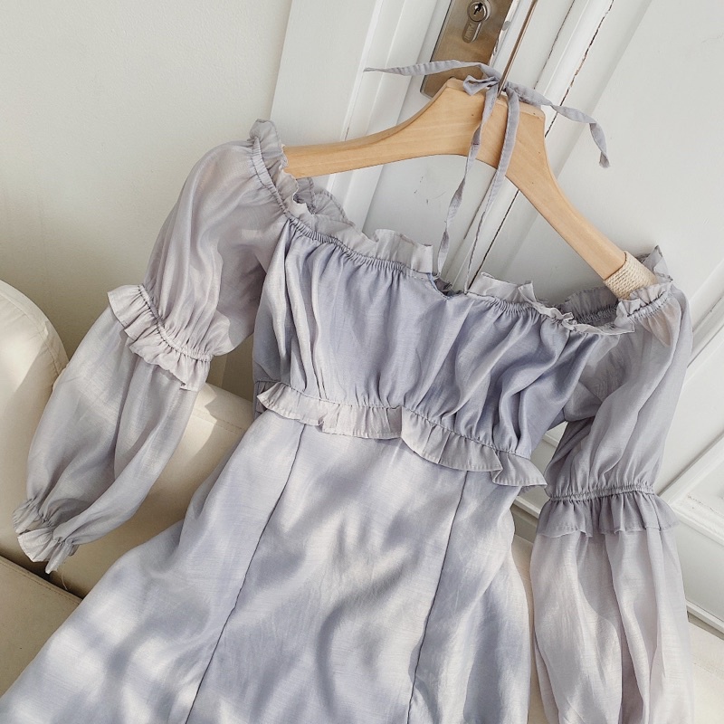 Đầm bẹt vai xanh tay dài bèo dáng ôm