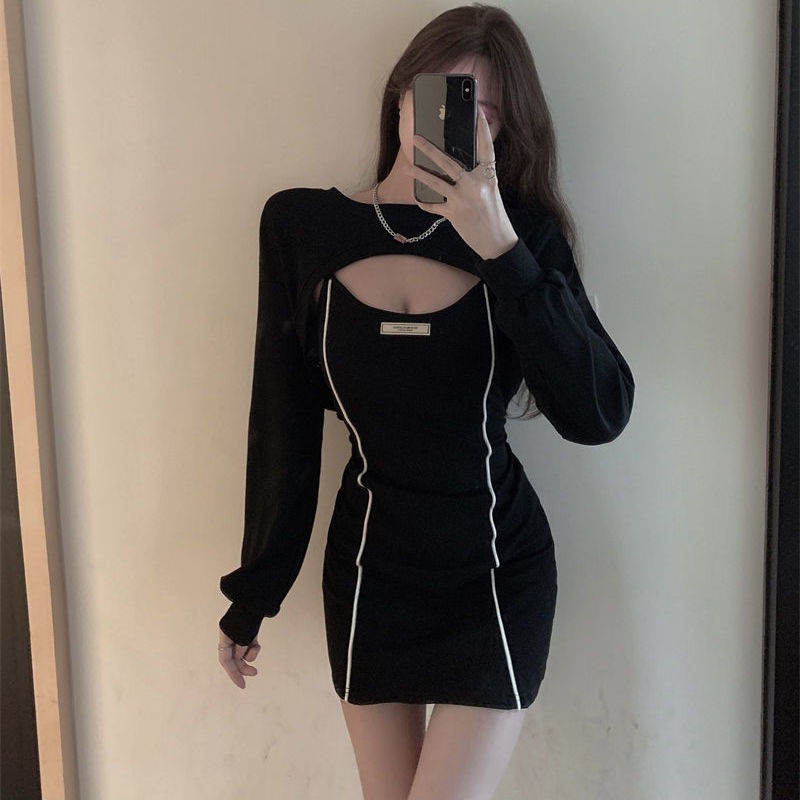 COZOK Set đầm sát nách + áo sơ mi tay dài kiểu dáng trẻ trung quyến rũ cho nữ