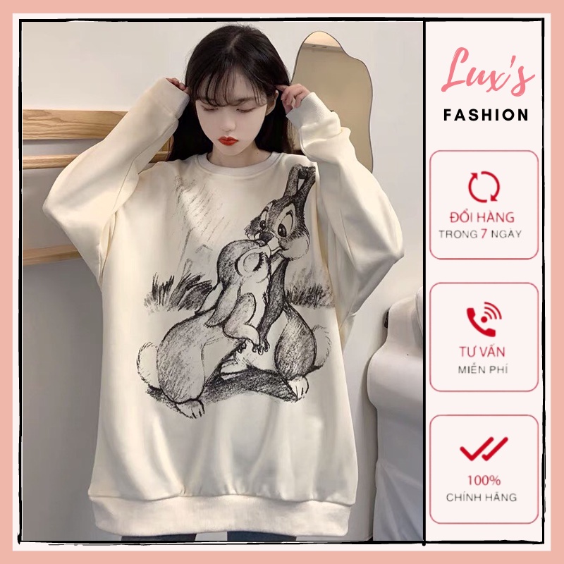 Áo Sweater Nỉ Hình Đôi Thỏ, Áo Thun Nữ Dài Tay Dáng Rộng In Hình Cute 2 Màu Freesize G063