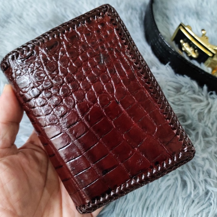 Ví Da Cá Sấu Thủ Công 2 Mặt | Ví Cá Sấu Đan Viền Da Bụng Dáng Đứng | Màu Nâu | Bảo Hành 24 Tháng