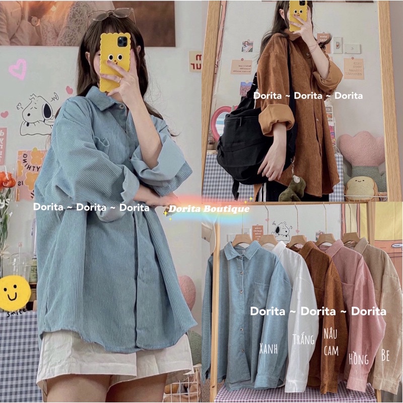 [Ảnh thật/Video] Áo sơ mi nhung ulzzang, Áo khoác ngoài nhung tăm Hàn Quốc - Dorita Boutique