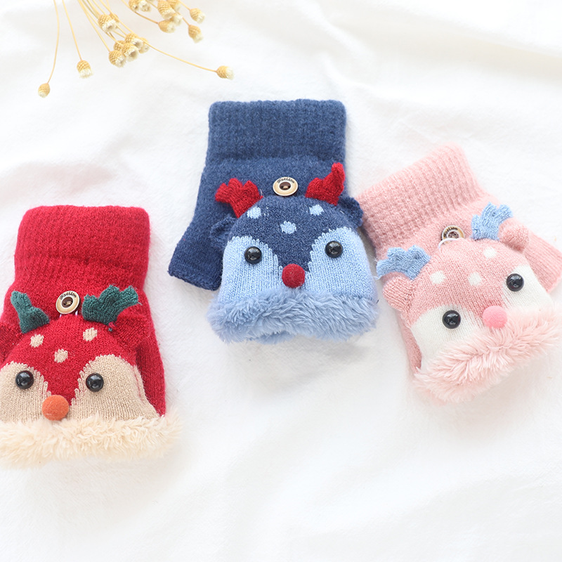 Găng tay nhung hở nửa ngón họa tiết tuần lộc đáng yêu hợp mùa đông cho bé 3-7 tuổi