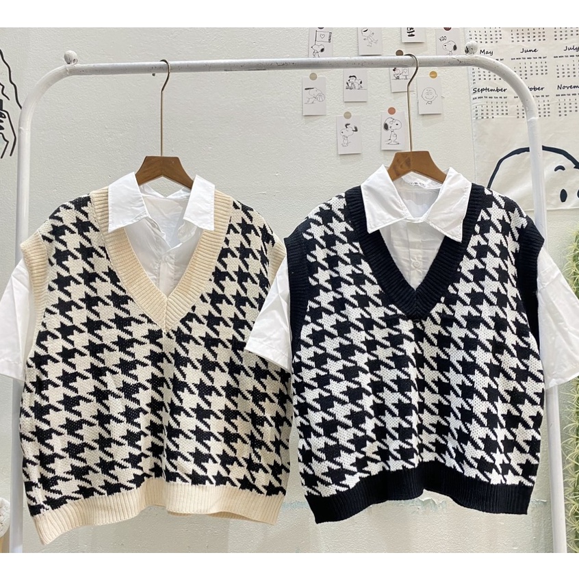 Áo gile nữ len ulzzang cổ V họa tiết hình nhện bazic Hàn Quốc