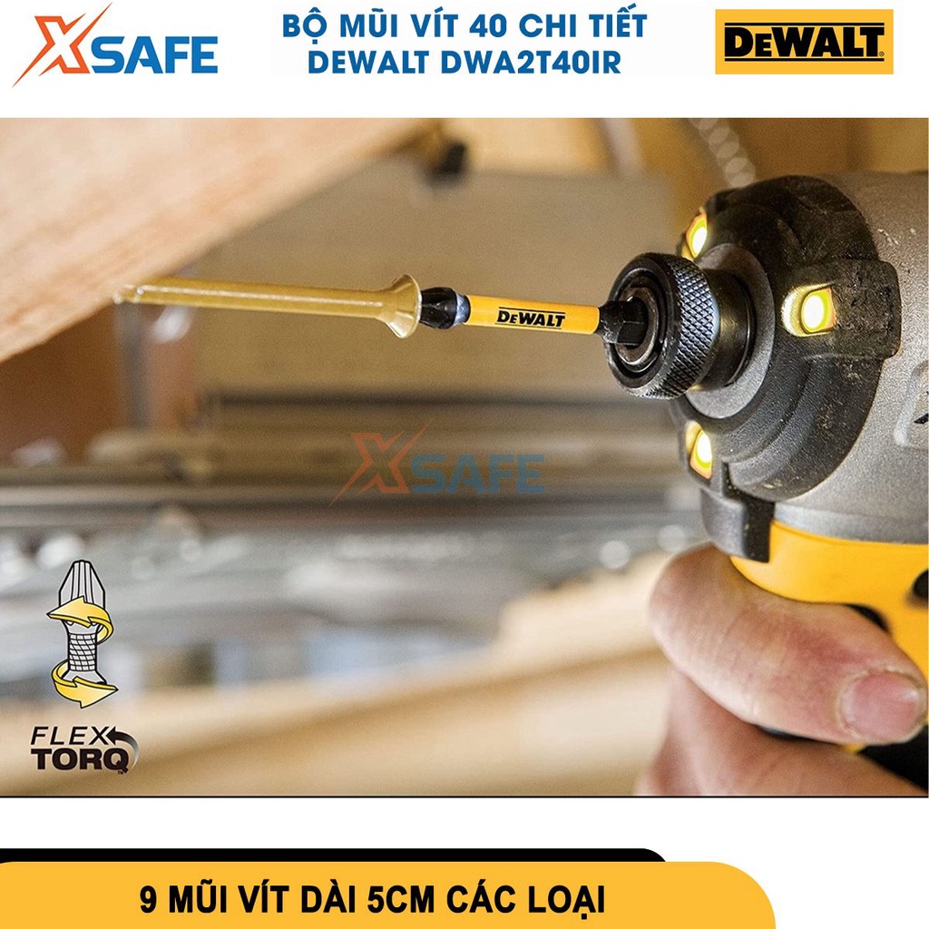 Bộ mũi vít 40 chi tiết Dewalt DWA2T40IR gồm 40 mũi vít hỗ trợ bắt nối vít có từ, chất liệu thép Cr-mo cứng rắn