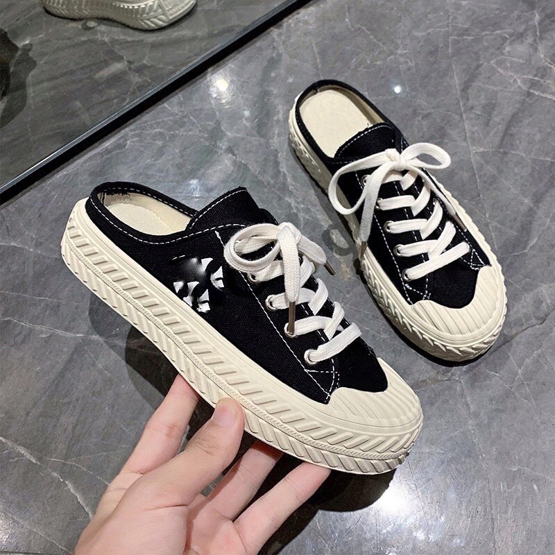 Giày Sục Thể Thao Thêu chữ N , Sục bata đạp gót đế bánh mì 3cm FLORA S04