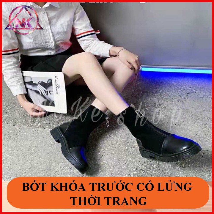 (FRESSHIP toàn quốc) Bốt nữ cổ lửng gót da thời trang