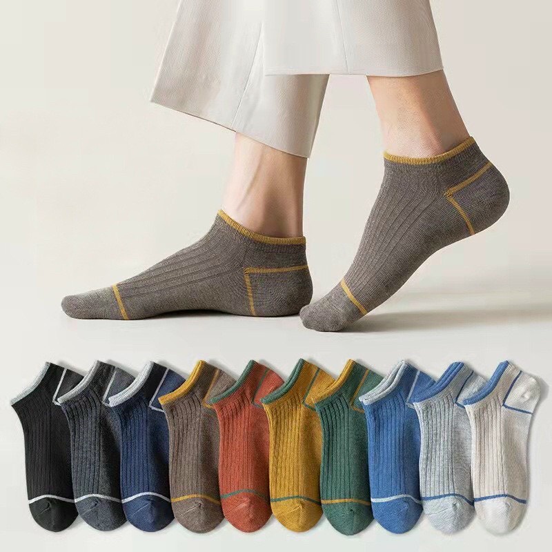 Combo 10 đôi tất , vớ cổ ngắn kẻ viền cotton co giãn , thoáng mát thấm hút mồ hôi dành cho nam