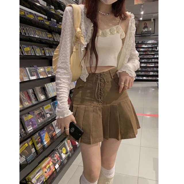 Chân váy xếp ly buộc dây cạp cao phong cách retro