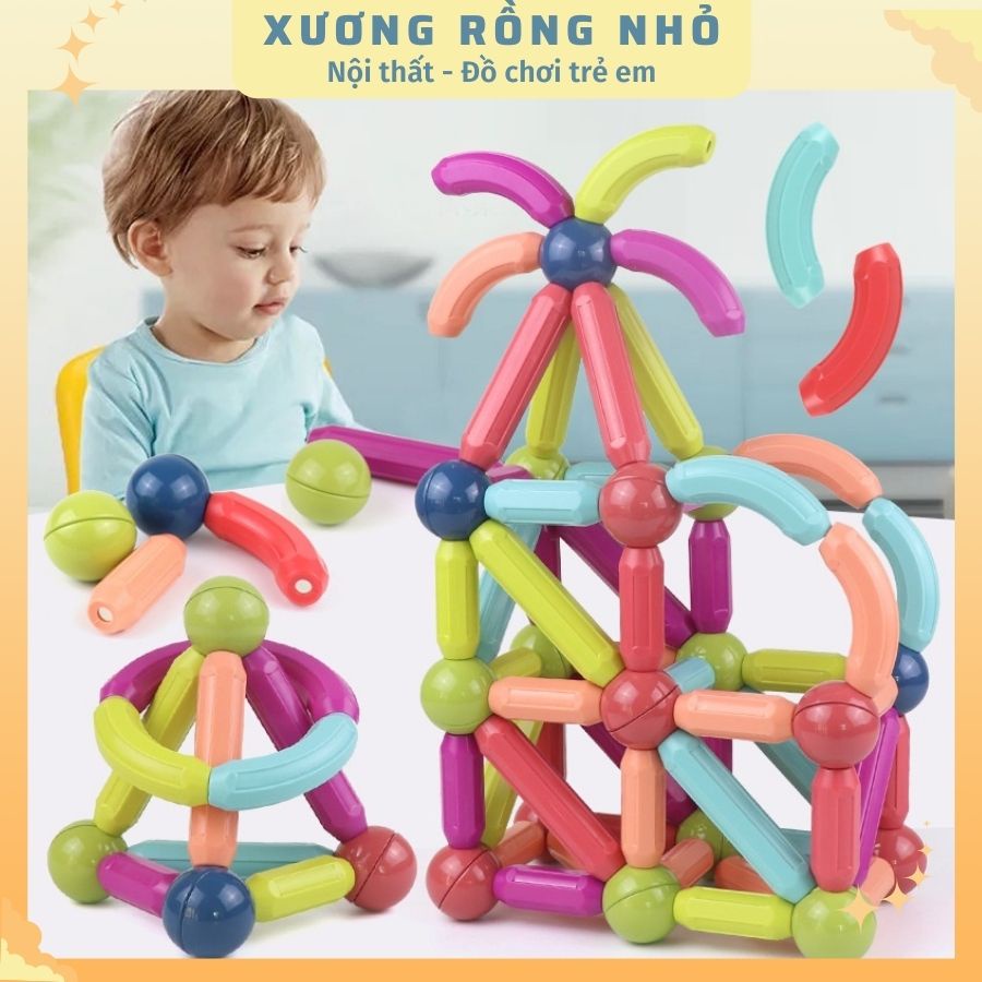 Bộ Xếp hình nam châm 64 chi tiết, đồ chơi xếp hình phát triển trí thông minh cho bé