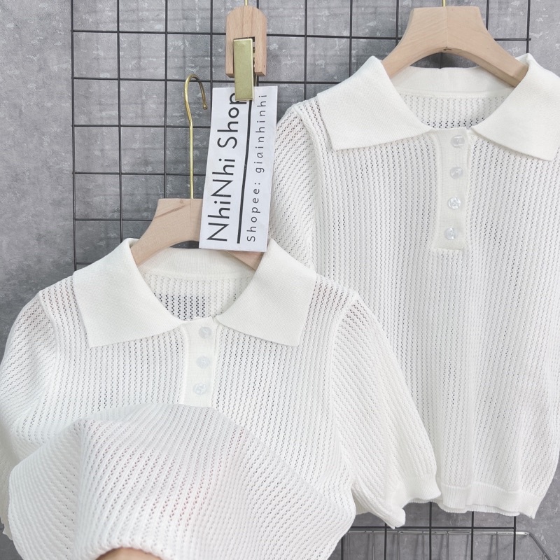 Áo polo len lỗ thưa màu trắng, Áo kiểu len cổ bẻ ngắn tay bo chun AL1379 - NhiNhi Shop