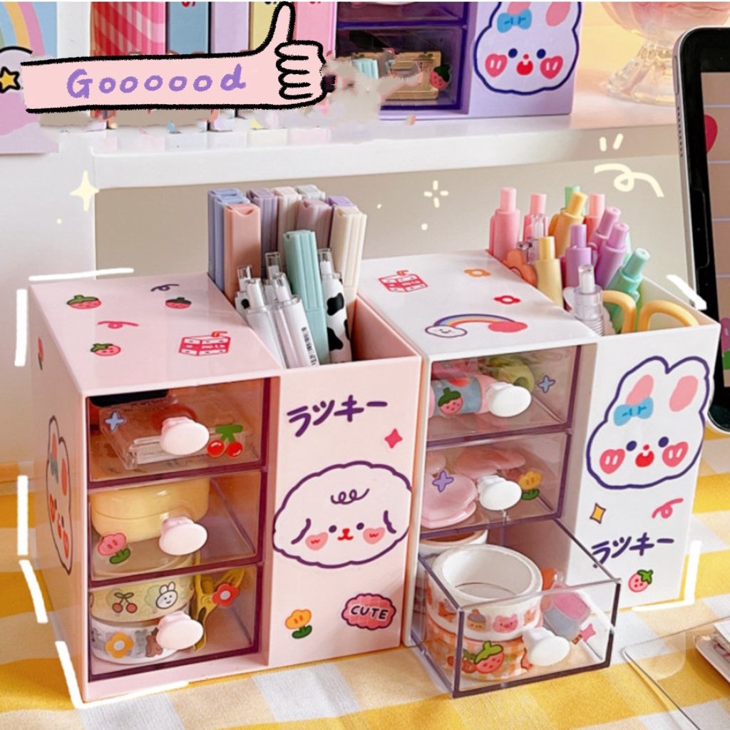 Kệ đựng bút, trang sức để bàn tủ văn phòng 5 ngăn trong suốt kèm sticker decor hộp kéo nhiều ô cute