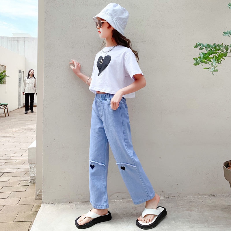 Quần Jean Dài Lưng Cao Ống Rộng Thời Trang Xuân Thu Cho Bé Gái