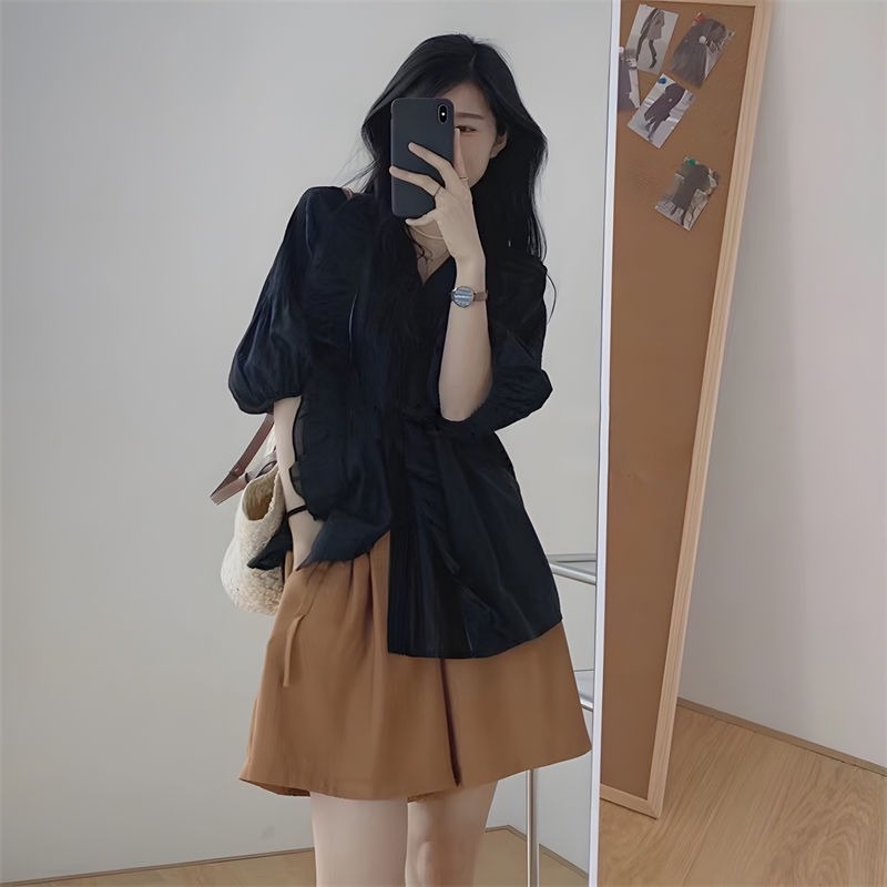 Bộ Áo Sơ Mi Mỏng + Quần Short Lưng Cao Ống Rộng Thời Trang Mùa Hè Hàn Quốc 2022 Mới