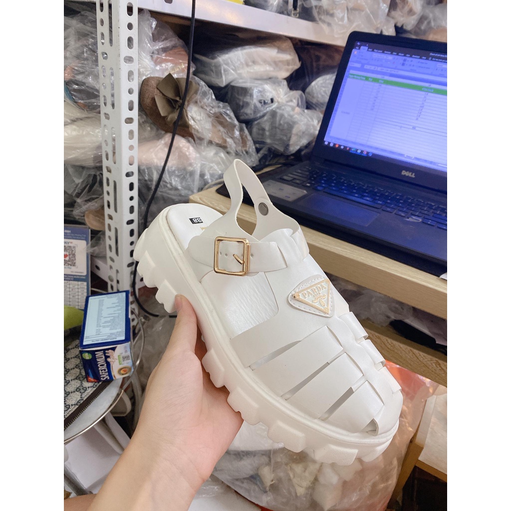 Sandal dép quai hậu Prada mũi rọ, đế độn 5cm