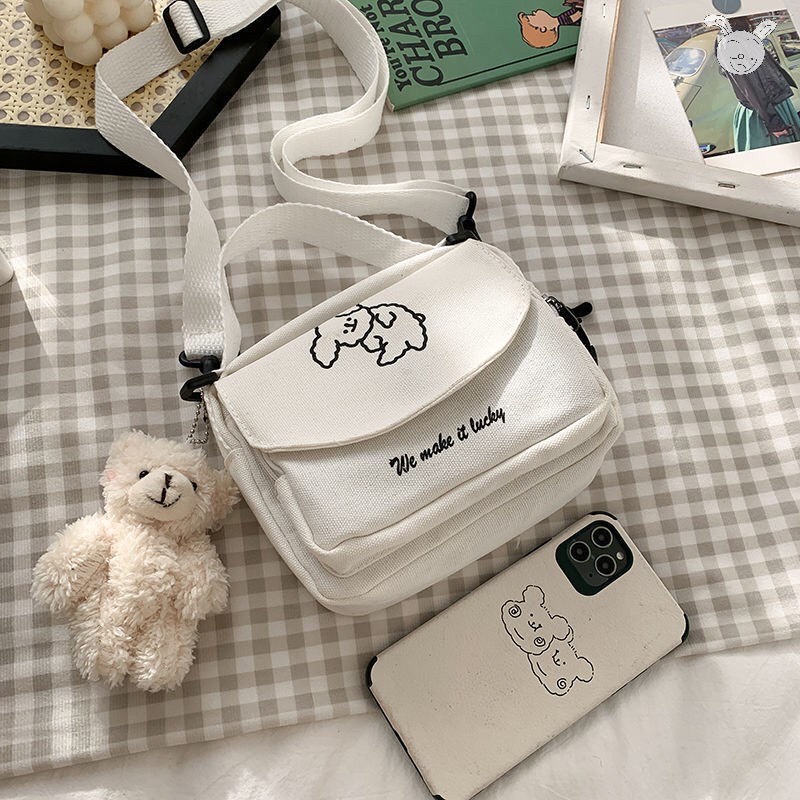 Túi đeo chéo vải canvas mini thêu cún đáng yêu đựng đồ đa năng đi học đi chơi giá rẻ ( không kèm móc khóa bông)