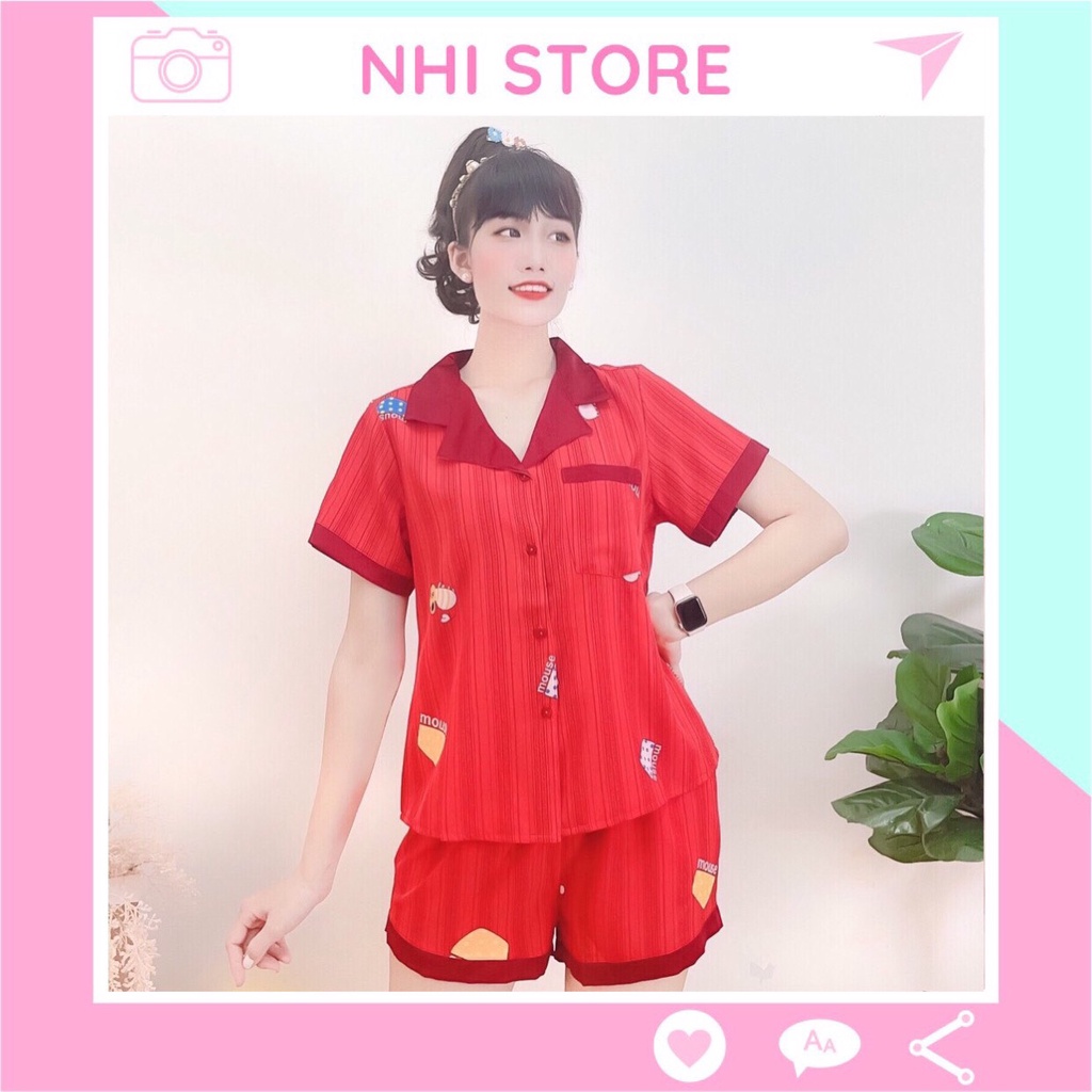 FREESHIP 50K] Bộ Lụa Mặc Nhà NHISTORE Pijama Quần Ngắn Tay Ngắn Phối Ren Họa Tiết Chuột Dễ Thương Size 45-60kg