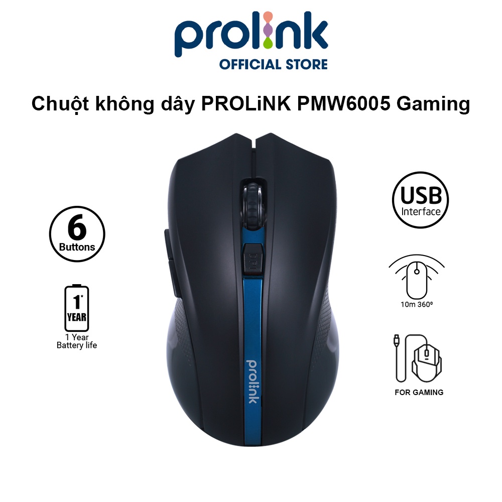 Chuột không dây PROLiNK PMW6005 kiểu dáng Gaming, tiết kiệm pin, độ nhạy cao dành cho PC, Laptop