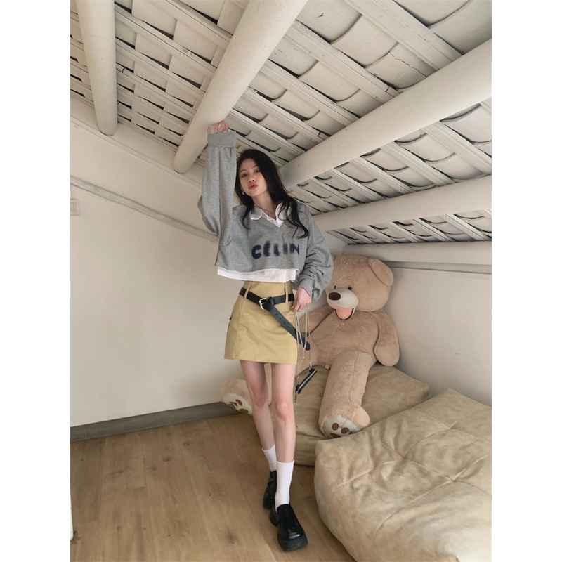 Autumn New Stitching Design High Waist Short Loose Sweatershirt Women