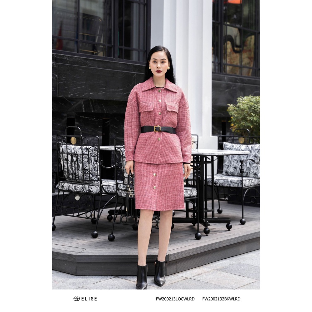 Áo khoác dạ lông cừu kẻ đỏ thiết kế Elise FW2002131OCWLRD
