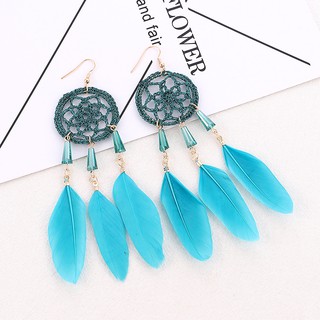 Bông tai phong cách BOHEMIAN, bông tai boho cổ điển VINTAGE hoạ tiết lông vũ màu xanh ngọc xinh xắn sang trọng