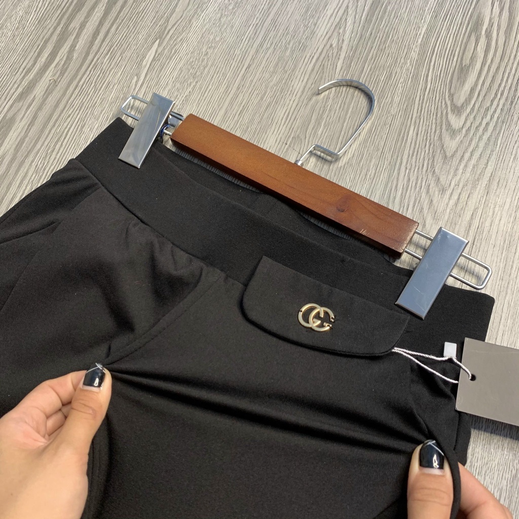 Quần baggy nữ lưng cao cạp chun đính chữ, có túi trước, bó ống, quần baggy chất vải Umi Hàn co giãn 4 chiều không nhăn