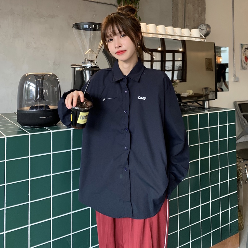 SUXI Áo sơ mi nữ tay dài dáng rộng thêu chữ phong cách Hàn Quốc