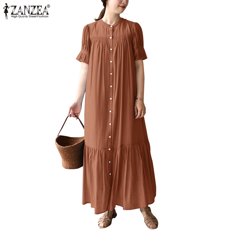 Đầm dài ZANZEA cổ tròn tay ngắn xếp ly màu trơn đơn giản thời trang cho nữ