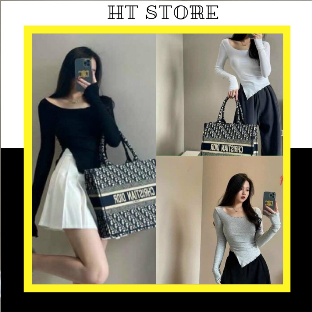 Áo Thun Croptop Nữ Cổ tròn Vạt Lệch 3 Màu dưới 60kg - Body Nữ Dài Tay Xẻ Tà B030 - HT STORE