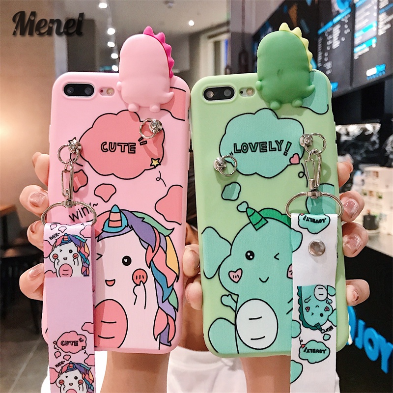 【Menel】IPhone case,IPhone 11 13 13Pro 13Pro Max 6/6S 6Plus/6SPlus 7/8/SE 7/8 plus X/XS XR XSMax 11Pro 11ProMax 12 12Pro 12Pro Max 12MINI,Bracket diagonal rope Soft Casing Cute Couple Dinosaur Silicone Cover