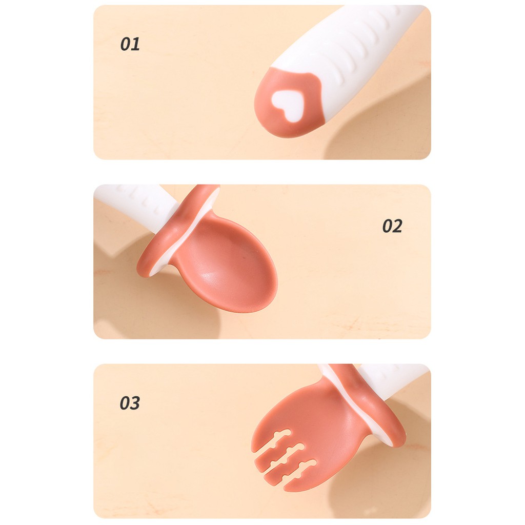 Thìa dĩa tập xúc cán ngắn có nút chặn chất liệu silicon cao cấp, muỗng nĩa tập xúc cho bé shop mẹ nhím