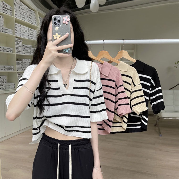 Áo thun dệt kim ZHELIHANGFEI cổ polo họa tiết kẻ sọc thời trang cá tính