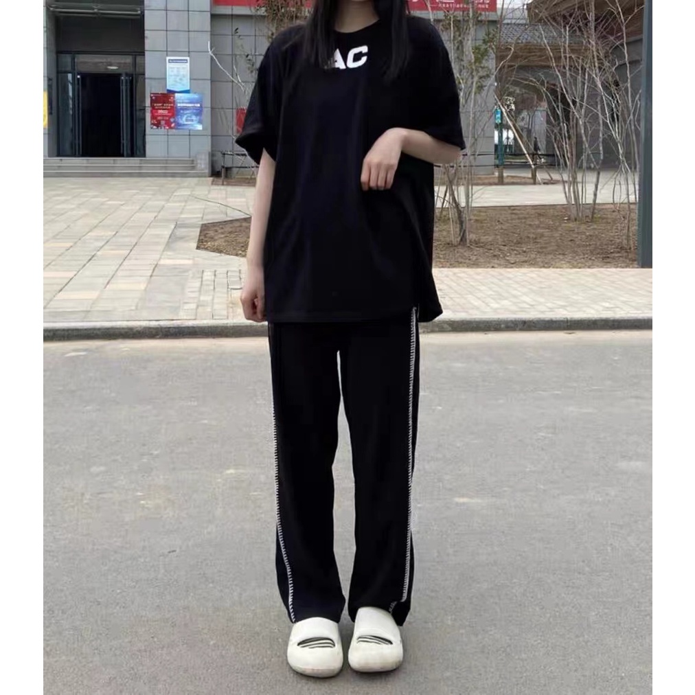 Quần Thể Thao Ống Rộng Lưng Cao Phong Cách retro Mỹ Cho Nữ