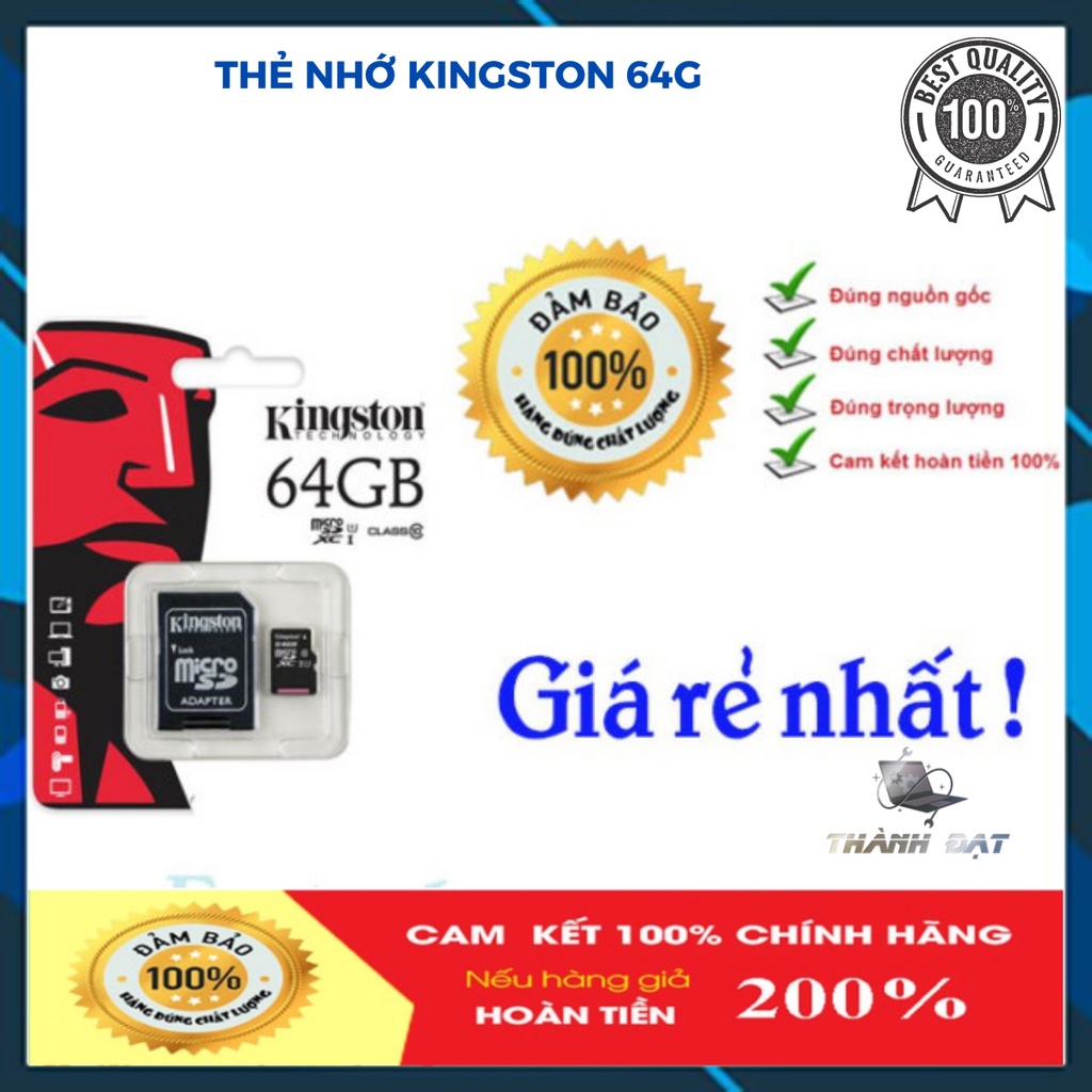 Thẻ Nhớ ,Thẻ nhớ micro SD Kingston Class10 64GB - Chính hãng FPT