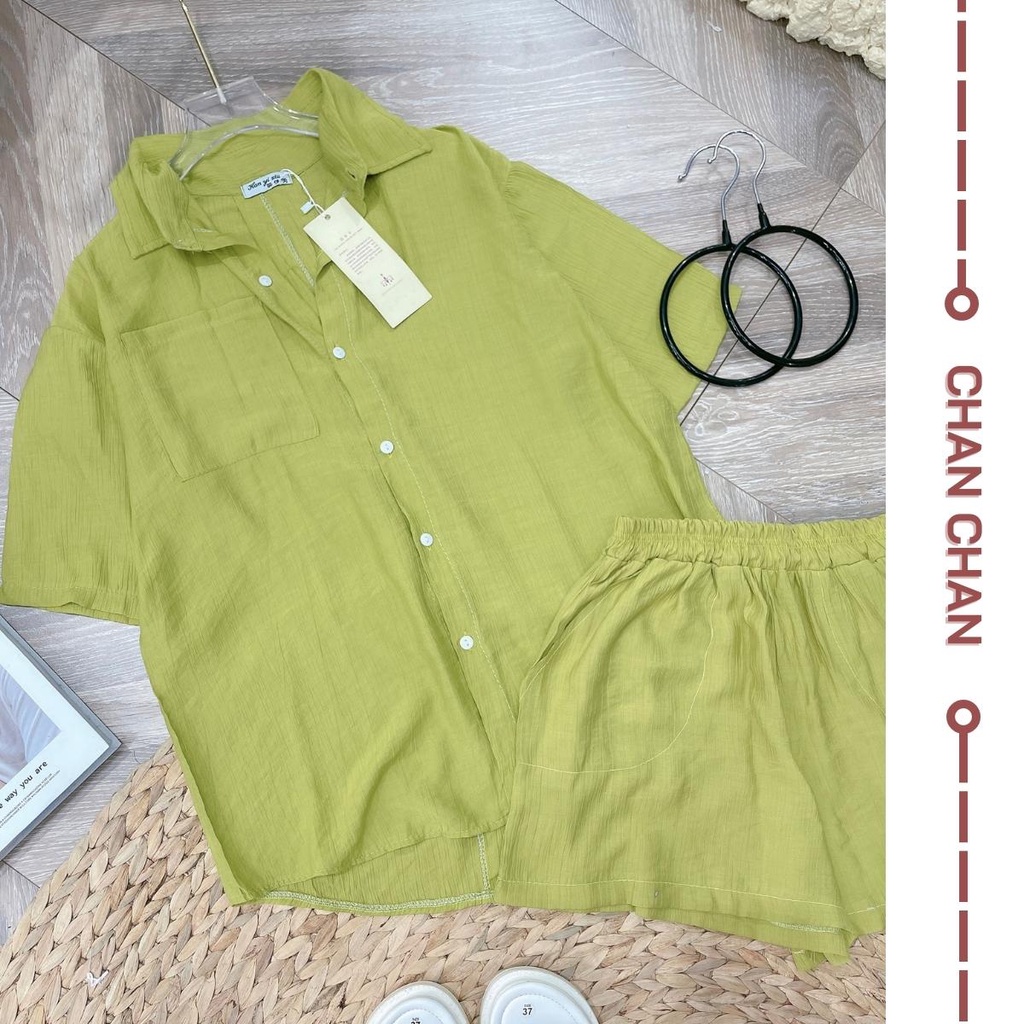 Set Áo Sơ Mi Kèm Quần Short Buộc Nơ Sau Màu Xanh Bơ