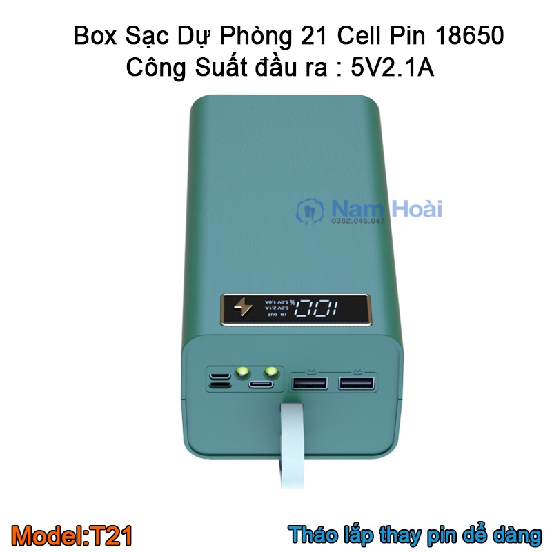 Box sạc dự phòng 21 cell pin 18650 sạc nhanh QC,PD 3.0 22.5W, sạc nhanh không dây 15W (Không gồm pin)