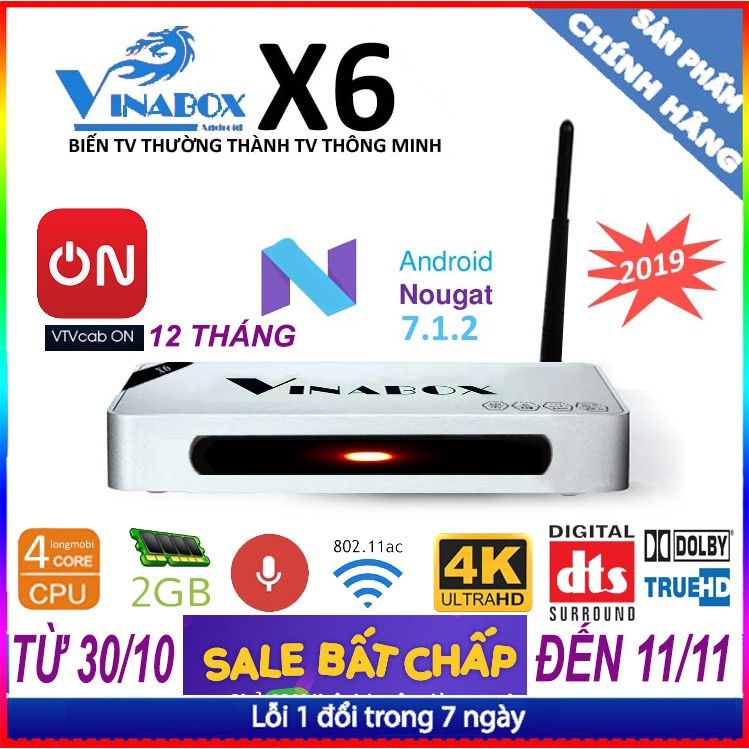 TV Box VINABOX X6 Chip lõi tứ - RAM 2GB , Có voice Assistant  2019 chính hãng .