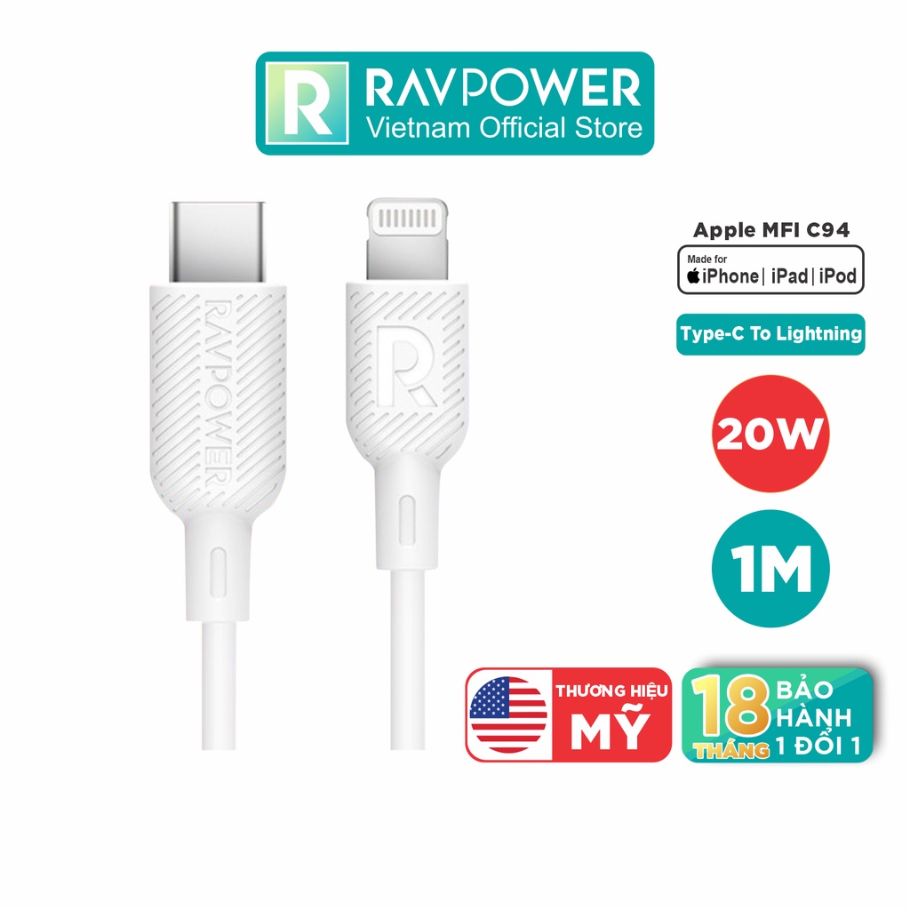 Dây Cáp Sạc Nhanh iPhone iPad Đến 20W RAVPower RP-CB054 USB Type C To Lightning Chuẩn MFI C94, Dài 1M - Hàng Chính Hãng