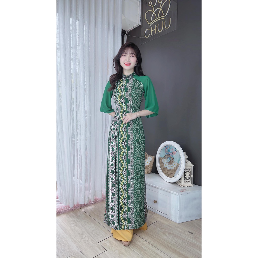Áo dài cách tân nữ họa tiết hoa nhiệt đới zaclan tay lỡ xòe không kèm quần CHUU AD8015