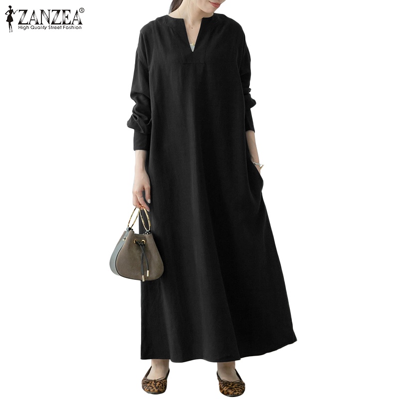 Đầm maxi ZANZEA tay dài cổ chữ V dáng rộng màu trơn thời trang Hàn Quốc