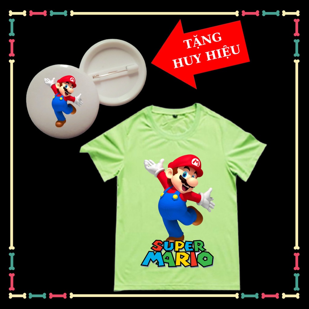 Áo thun Mario bé trai, bé gái, tay ngắn đủ màu sắc, huy hiệu Mario trẻ em