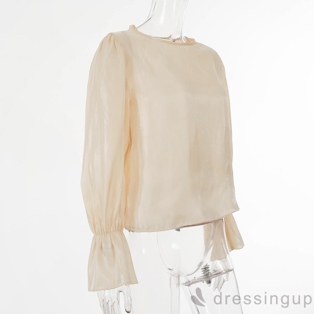 Áo Tay Phồng Cổ Tròn Màu Trơn Thời Trang Mùa Thu Cho Nữ