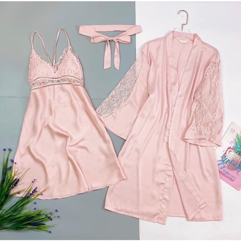 Set váy + Áo choàng lụa satin cao cấp quảng châu