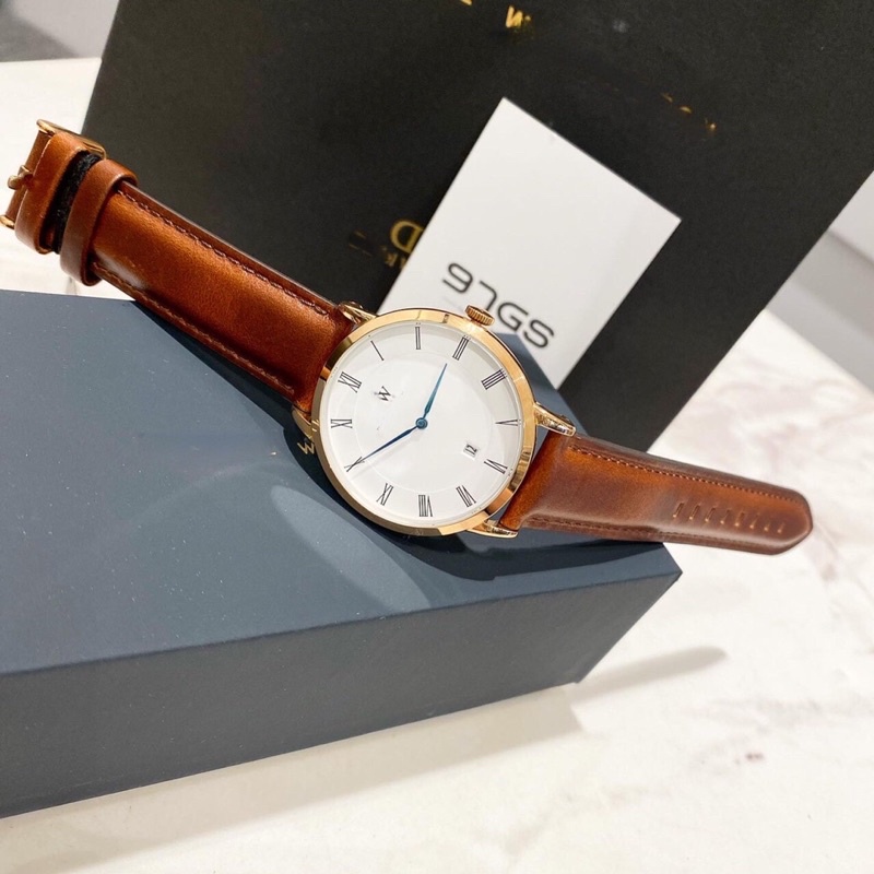 Đồng hồ nam W , Nữ W dây da may chỉ kim xanh có lịch size 34mm 38mm