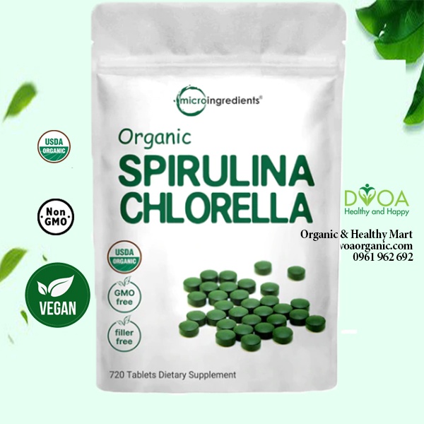 Viên tảo spirulina và chlorella hữu cơ Micro ingredients 720v