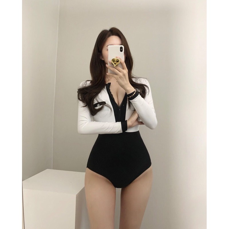 Monokini Dài Tay Kéo Khoá Ngực - Bikini Dài Tay Khoá Ngực - Đồ Bơi Dài Tay Đen Trắng