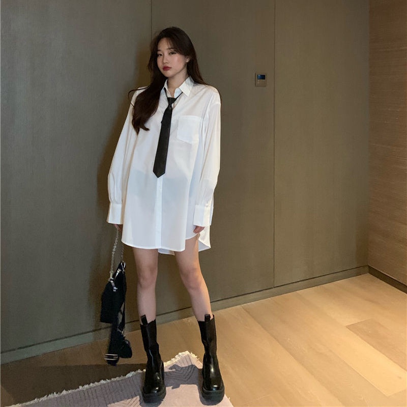 Áo Sơ Mi Trắng Tay Dài Dáng Rộng Phong Cách Bạn Trai Jiashucheng Dễ Phối Đồ