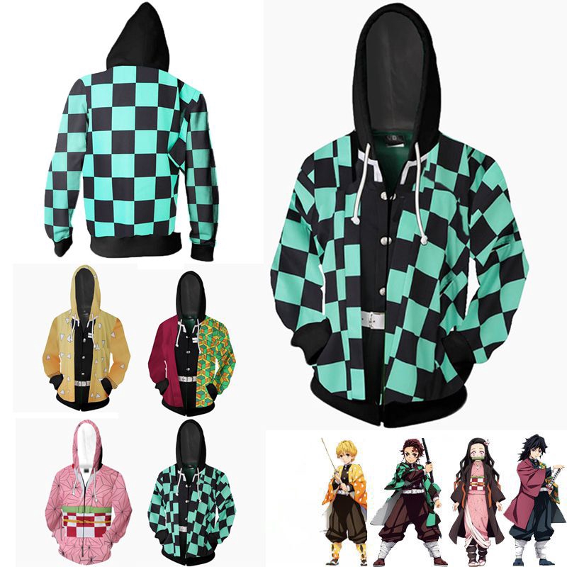 Áo khoác hoodie phối dây kéo phong cách Anime Demon Slayer Kimetsu no Yaiba Kamado Tanjirou Nezuko